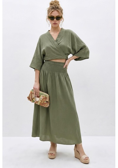 Shade Kadın Kruvaze Bağlamalı Bluzlu Gipe Detaylı Astarlı Etek Müslin Pamuk Takım 1059 60286286 - Çağla Yeşili