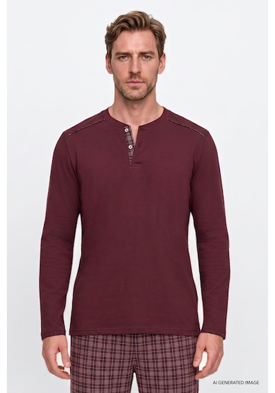 Ac&Co / Altınyıldız Classics Erkek Bordo %100 Pamuk Standart Fit Hakim Yaka Desenli Cepli Pijama Takımı