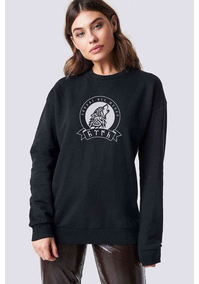 Göktürk Tengri Biz Menen Baskılı Siyah Kadın Sweatshirt