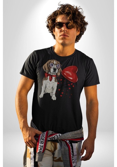 Poodle Ve Beagle Sevililer Günü Hediyesi Unisex Unisex Siyah Organik Baskılı T-shirt Penye Yüksek Kalite Siyah