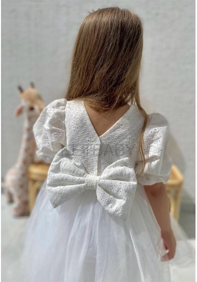 Ketbaby Kız Çocuk Fisto Fiyonk Detaylı Tül Etek Elbise Beyaz Beyaz