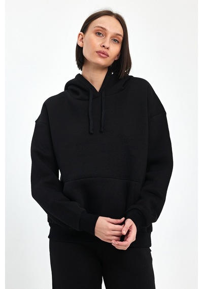 Odda Kadın Kapüşonlu Şardonlu Sweatshirt Siyah