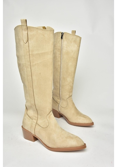 Fox Shoes T480142802 Ten Süet Alçak Topuklu Kadın Çizme Ten