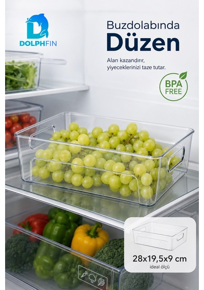 Şeffaf Pet Buzdolabı Organizeri Geniş Kulplu Düzenleyici Kutu 28x19,5x9 Cm