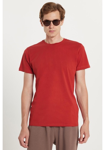 Tudors Unisex Slim Fit Dar Kesim %100 Pamuk Yumuşak Dokulu Kiremit Bisiklet Yaka Tişört-34612 KIREMIT