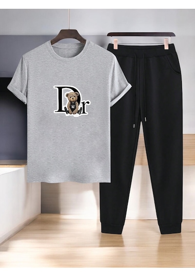 Uyguntarz Unisex Dr: Ayı Tasarım Basklı Tshirt Eşofman Takımı Gri