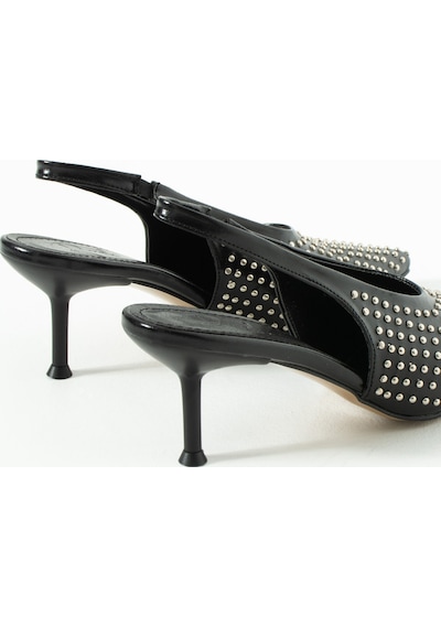Duxal Shoes Joy Siyah Cilt Zımba Detaylı Sivri Burun Slingback Topuklu Ayakkabı