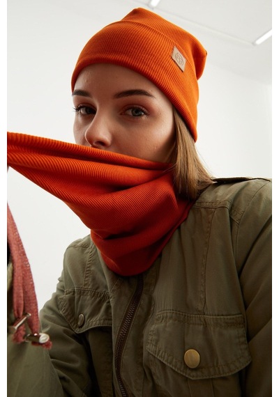 Butikgiz Kadın Balıkçı Style Pamuklu Kaşkorse Terletmez Ultra Hafif Yumuşak Bere Boyunluk Takım Kiremit