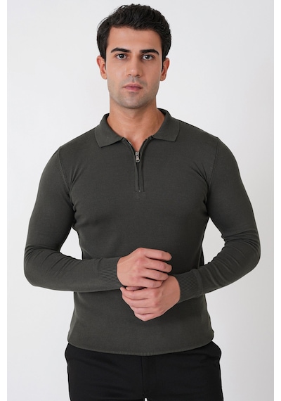 Slim Fit Esnek Pamuklu Fermuarlı Polo Yaka Haki Triko Tr 902