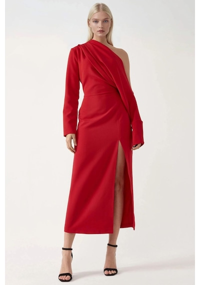 Hiccup Asimetrik Yaka Yırtmaçlı Bodycon Midi Elbise Kırmızı