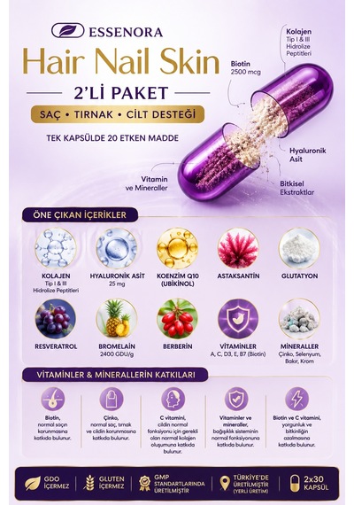 Hair Nail Skin 2'li Paket Saç Tırnak Cilt Kolajen Biotin Hyaluronik Asit 2x30 Kapsül