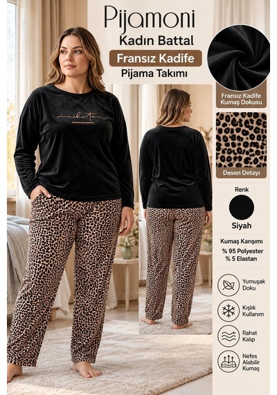 Pijamoni Kadın Battal Fransız Kadife Pijama Takımı 42303- 1 Adet Siyah