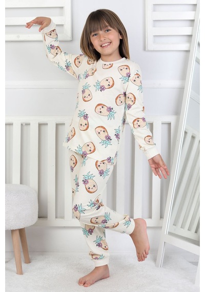 Cute Ananas Desenli Kız Çocuk Pijama Takımı Ekru
