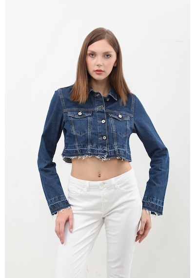 Kadın Püsküllü Crop Jean Ceket mavi