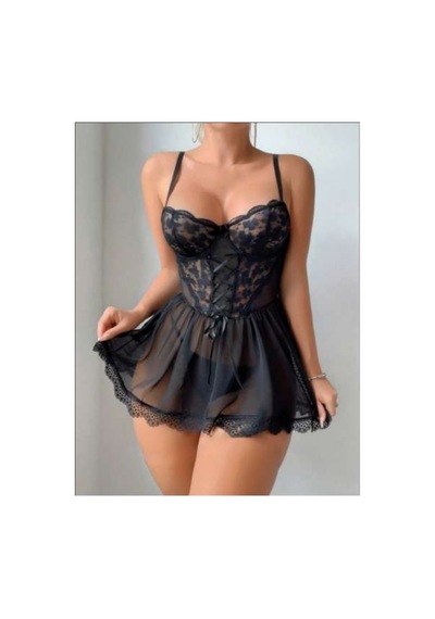 Real Passione Korse Görünümlü Kadın Tül Gecelik Külot Takım Siyah - 906732407 Siyah