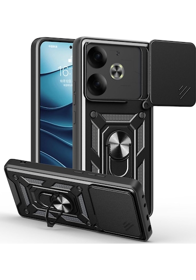 Teleplus Tecno Pova 6 Kılıf Magnetik Standlı Kamera Korumalı Slide Sürgülü Cover Kapak Siyah