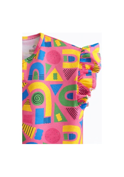 Haribo Lisanslı Fırfırlı Kollu Desenli T-shirt Tayt Takım Fuşya