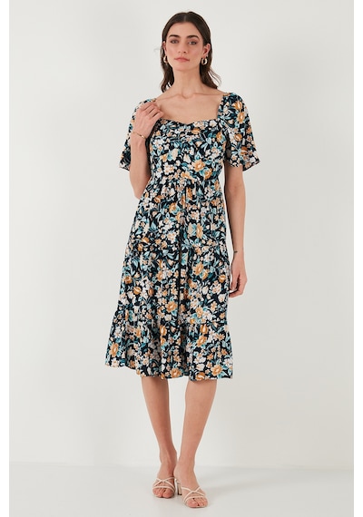 Lela Desenli Oversize Fit Carmen Yaka Büzgü Detaylı Midi Boy Bayan Elbise 6782169 Lacivert