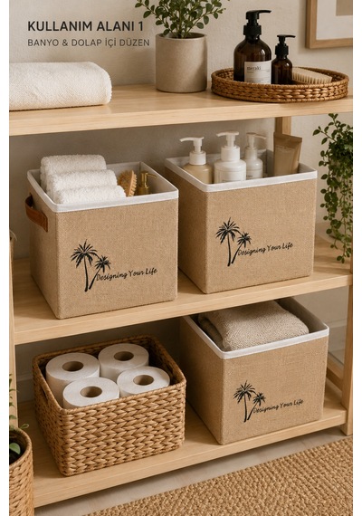 Jüt Dolap Düzenleyici Saklama Kutusu 33x33x33 Cm Katlanabilir Çok Amaçlı Organizer Sepet Doğal