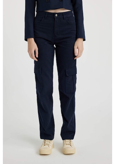 DeFacto Coool Straight Fit Gabardin Pantolon Kargo Cepli Yüksek Bel B0458AX23AUNV28 Lacivert