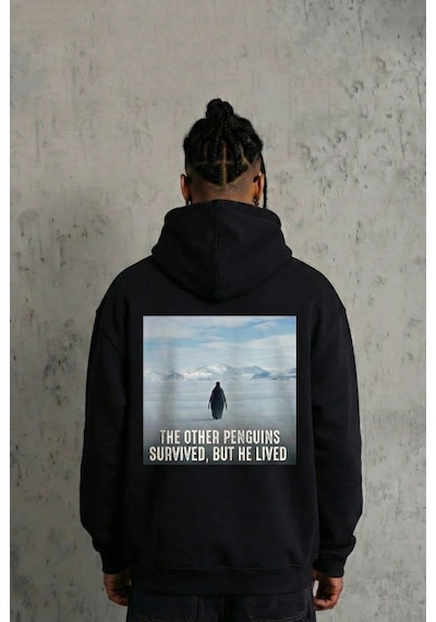 Erkek Survivor Penguin Baskılı 3 İplik Pamuklu Kapüşonlu Sweatshirt Hoodie Siyah