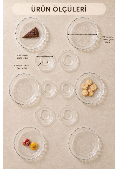 12 Parça Çay Seti Takımı - Pasta Tabağı,çay Tabağı - Sade Modern Kahvaltı Takımı Seti Şeffaf