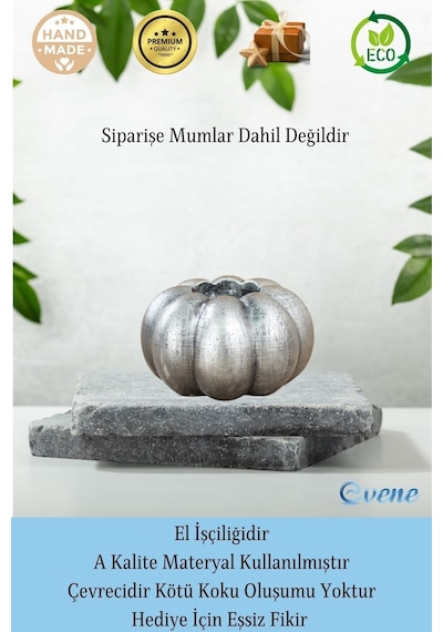 Eskitme Mumluk Şamdan 3 Adet Tealight Ve İnce Mum Uyumlu Kabak Model - Gümüş Eskitme