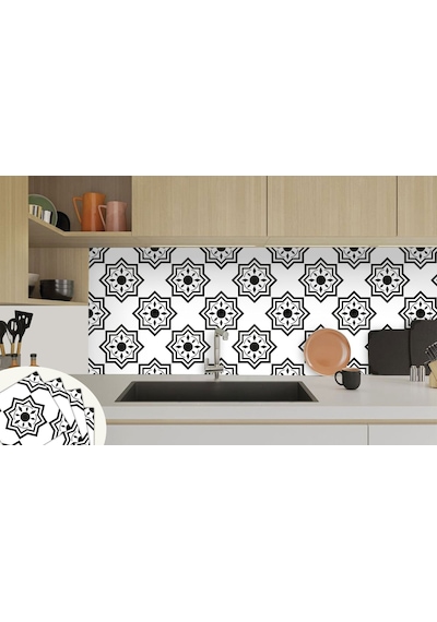 Tink Zemin Duvar Sticker Siyah Selçuklu Yıldızı Desenli 30x30 Cm 33 Adet 3 M²