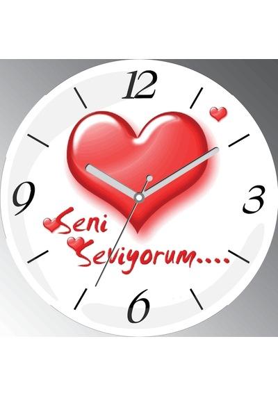 Seni Seviyorum Büyük Kalpli Bombeli Cam Sessiz Duvar Saati Çok Renkli