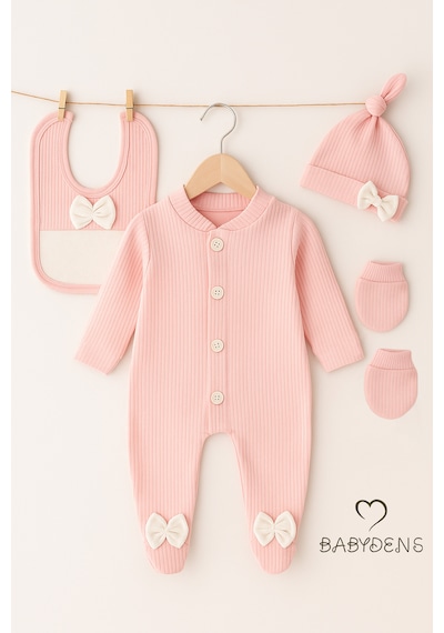 Babyden's 4 'lü Kız Bebek Fitilli Yenidoğan Bebek Tulum Seti %100 Pamuklu Hastane Çıkışı Açık Pembe