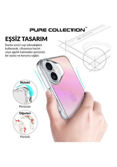 Bix iPhone Uyumlu 16 Plus Pure Rainbow Renk Geçişli Şeffaf Kılıf Çizilmeye Dayanıklı Darbe Emici Pembe