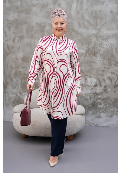 Polologin Butik Bordo Beyaz Modern Desen Tunik Bordo Beyaz