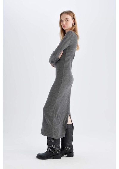 Defacto Bodycon Vücudu Saran Bisiklet Yaka Basic Düz Kaşkorse Uzun Kollu Maxi Elbise D3373AX24WNAR104 Antrasit