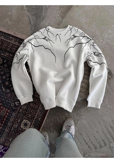 Freedom Storee Erkek Yıldırım Baskılı Bisiklet Yaka 3 İplik Pamuklu Sweatshirt - Beyaz Çok Renkli