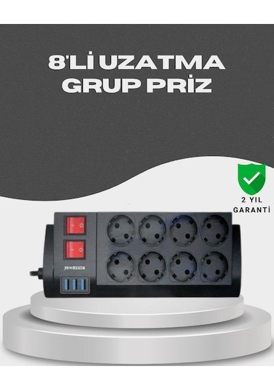 Ilkeshop Akım Korumalı 8 Li Priz 3 Usb Li Uzatma Kablosu Isıya Dalı 2 Metre