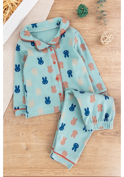Babymod Önden Çıt Çıtlı Tavşan Desenli Yeşil Pamuklu Erkek Bebek/çocuk Pijama Takımı 001