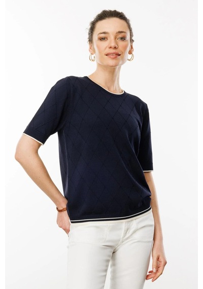 Desen Triko Kadın Sıfır Yaka Baklava Desenli T-shirt 25356 Lacivert Lacivert