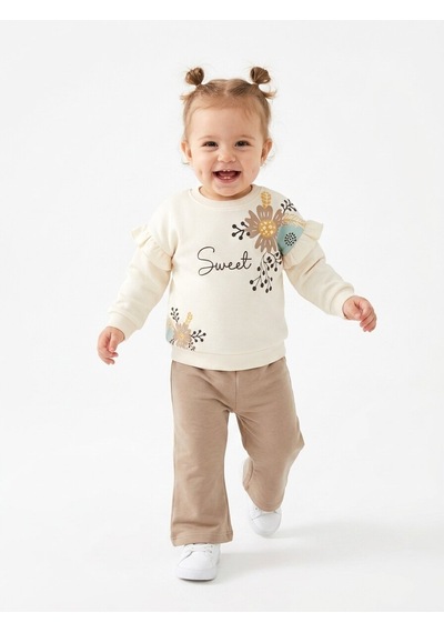 HelloBaby Pamuklu Fırfır Ve Çiçek Detaylı 2li Kız Bebek Takım Krem