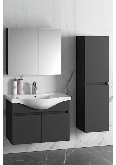 Yıldız 80+35 Cm Antrasit Gri Mdf Sepetli Asma Banyo Dolabı Takımı Antrasit - Gri