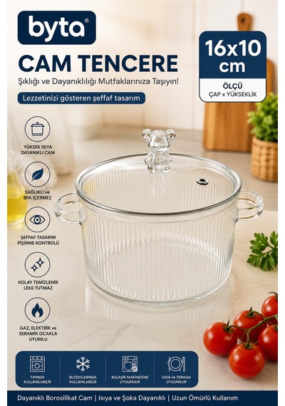 Cam Tencere 16x10 Cm Kapaklı Isıya Dayanıklı Cam Tencere Şeffaf