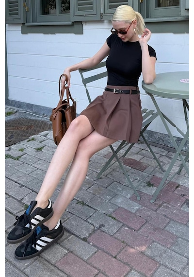 Madmext Kahverengi Pileli Kadın Mini Şort Etek Mg2402 Kahverengi