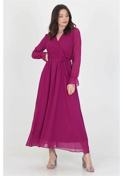 Dip Moda Kadın Kuşaklı Astarlı Uzun Şifon Elbise Dpnb003 Mürdüm