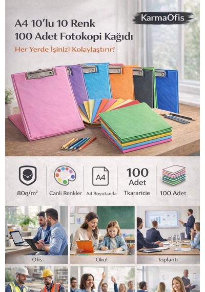 Yeşil Sekreterlik Seti + 100 Adet Renkli A4 Fotokopi Kağıdı Dayanıklı Kapak, Çok Amaçlı Kullanım