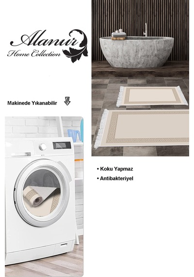 Dekoreko Kaymaz Taban Djt 2 Li Banyo Paspas Takımı Trend Saçaklı Modern Kt493 krem