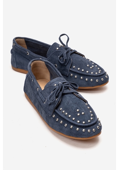 Luvishoes Cuesta Kot Mavi Süet Hakiki Deri Troklu Bağcıklı Kadın Loafer Ayakkabı
