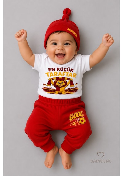 Babyden's %100 Pamuk Sarı Kırmızı En Küçük Taraftar Bebek Takımı 3'lü Kısa Kol Body,pantolon Ve Şapkalı Yenidoğan Seti 0-9 Ay Beyaz - Kırmızı