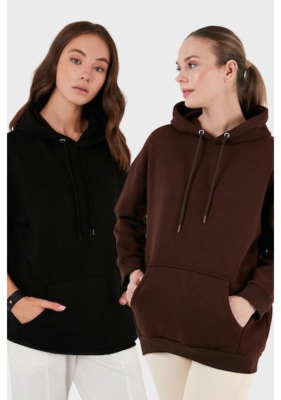 Lela Regular Fit Pamuklu Kapüşonlu Yaka Şardonlu Kışlık 2'Li Paket Bayan Sweat 5863854S2 Kahve-Siyah