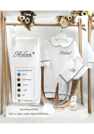 Gros Shop Biyeli 4'lü %100 Pamuklu Hastane Çıkış Tulum Seti Ve Battaniyesi Gri