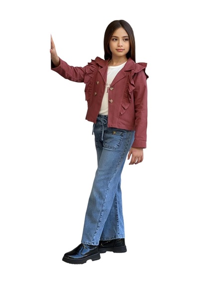 İrem Kız Çocuk Style Yazılı Ceketi Fırfır Detaylı Kiremit Renk Ceket Tişört Kot Pantolon Takımı İrem Kız Çocuk Style Yazılı Ceketi Fırfır Detaylı Kiremit Renk Ceket Tişört Kot Pantolon Takımı
