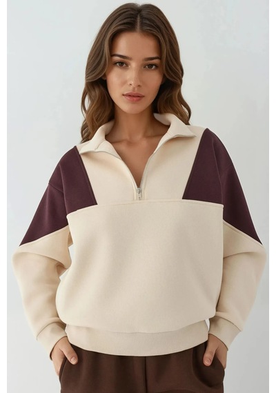 Hiccup Fermuarlı Dik Yaka İçi Şardonlu Sweatshirt Krem Doğal